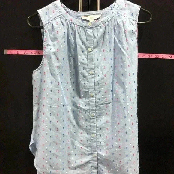 Loft Shimmer Clip Dot Sleeveless button down Shirt -blouse, elastic stretch back - Picture 3 of 9